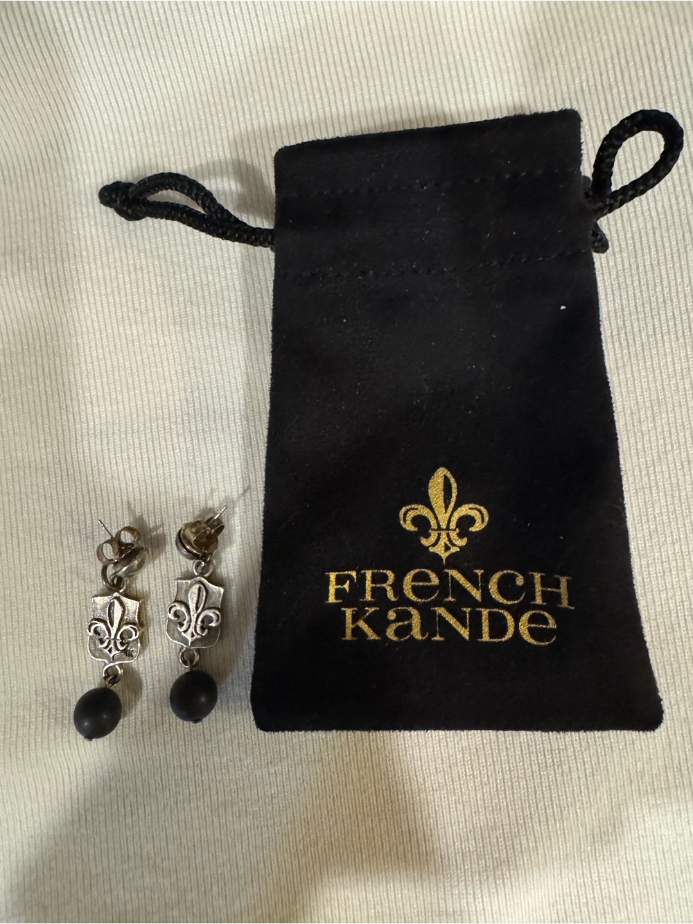 French Kande Black and Silver Fleur de Lis Drop Earrings